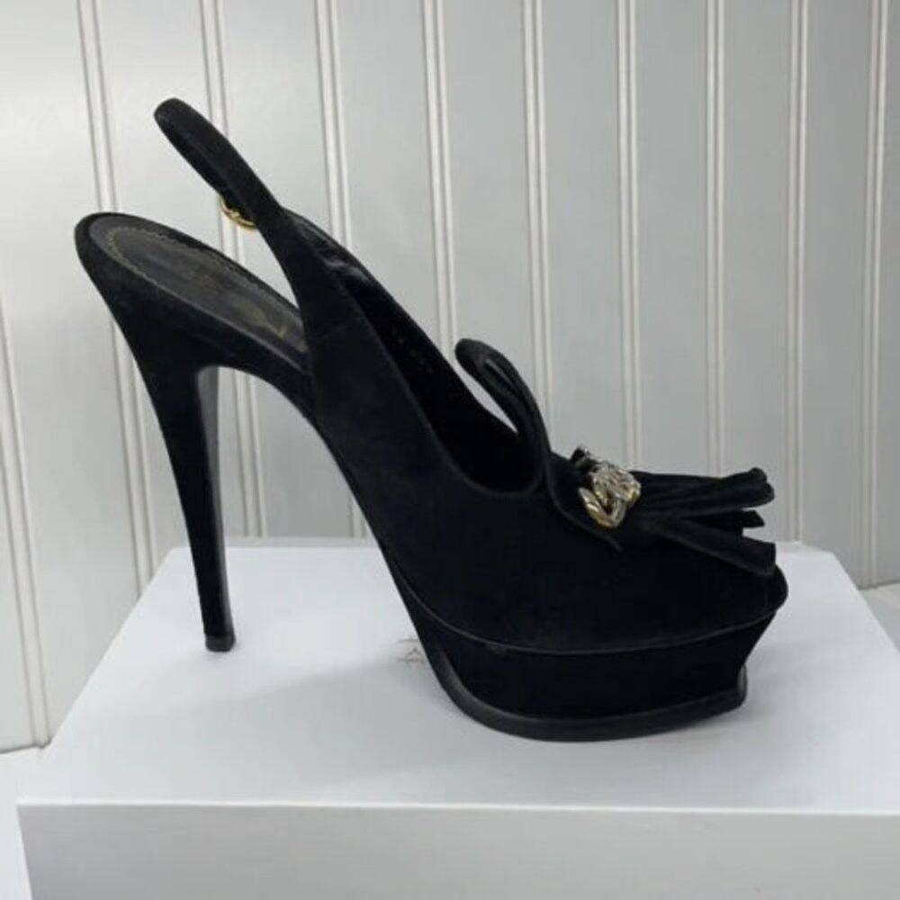 Yves Saint Laurent YSL Black Suede Fringe Chain Platform Pumps Size 8.5